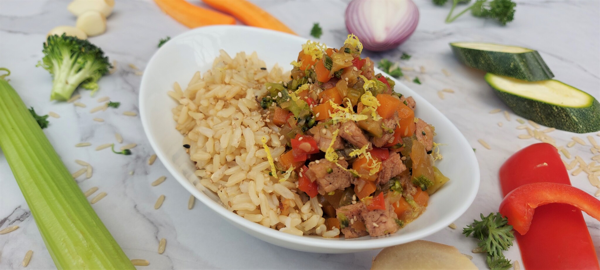 PORK & VEGETABLE STIRFRY WITH BROWN RICE  KIDS MEALS PHUKET